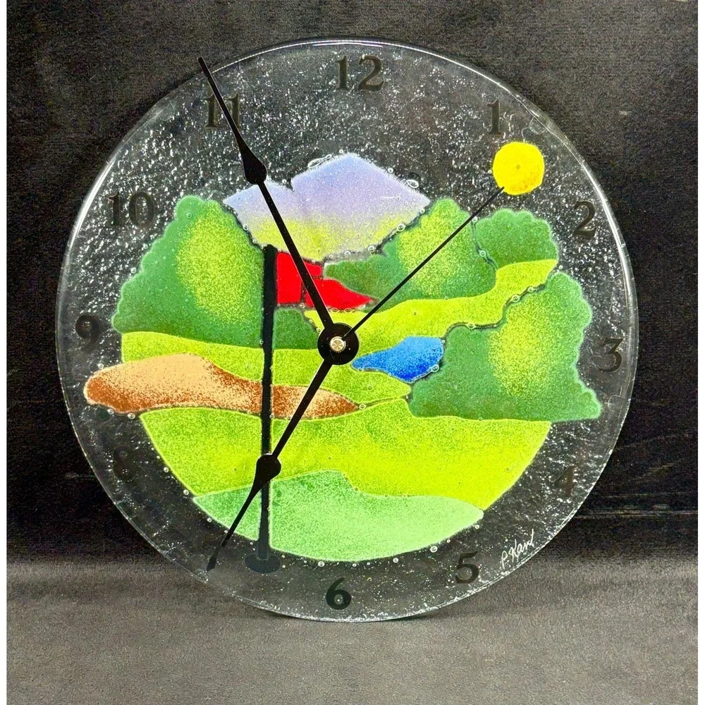 Vintage 1990s Peggy Karr Fused Glass Clock GOLF New Hands and Movement 9